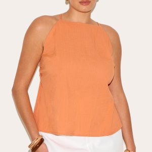 Plus Orange Textured Boatneck Tie Back Top