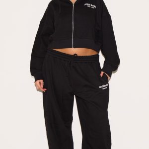 PRETTYLITTLETHING Plus Black Printed Premium Wide Leg Joggers