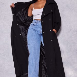 Plus Black Popper Detail Trench Coat