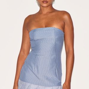 Blue Contrast Pinstripe Bandeau Shift Dress