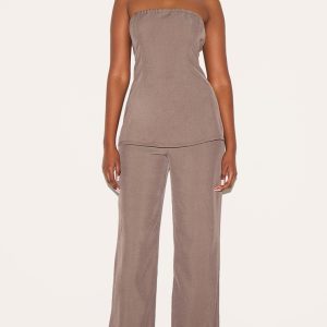 Taupe Woven Tailored Longline Bandeau Flared Jumpsuit
