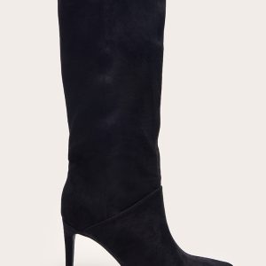 Black Faux Suede Point Toe Stiletto Heeled Calf High Boots