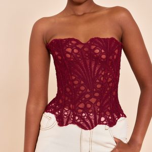Wine Textured Sheer Floral Lace Corset