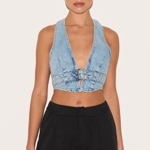 Light Blue Wash Buckle Front Denim Halterneck Top