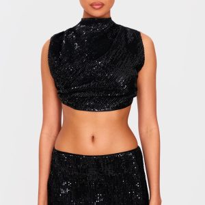 Black Sequin Tie Back High Neck Cowl Crop Top