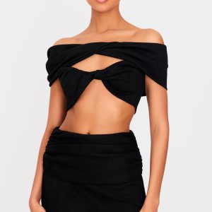 Black Faux Suede Ruched Twist Off The Shoulder Crop Top