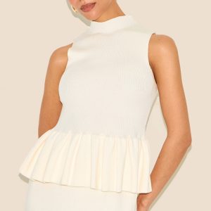 Petite Cream Knitted High Neck Peplum Hem Long Top