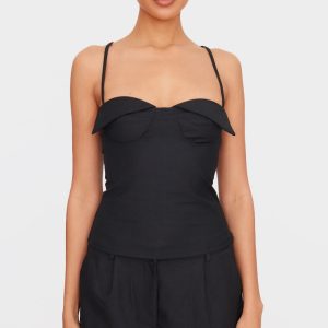 Black Woven Bust Detail Cross Strap Long Top