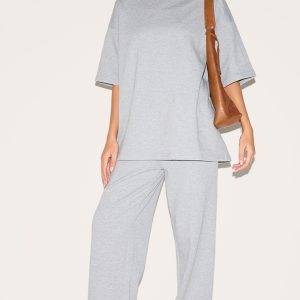 Grey Jersey Mid Rise Wide Leg Trousers