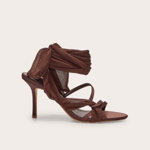 Chocolate Satin Round Toe Lace Up Ribbon High Heel Sandals