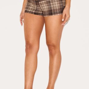 Petite Brown Check Tailored Mid Rise Shorts