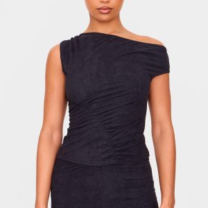 Black Faux Suede Asymmetric Ruched Top