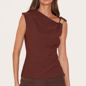 Chocolate Asymmetric Trim Detail Long Top
