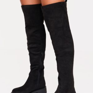 Wide Fit Black Faux Suede Round Toe Chunky Over The Knee Boots