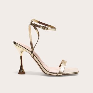 Gold Wide Fit Pu Square Toe Ankle Buckle Heeled Sandals