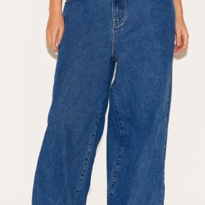 Plus Washed Blue Turn Up Wide Leg Jeans