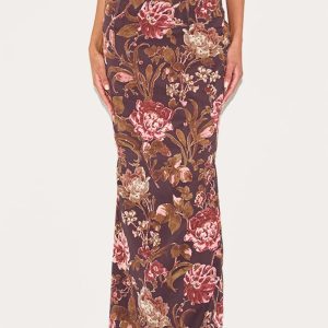 Brown Floral Print Chiffon Maxi Skirt