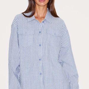 Blue Striped Linen Pocket Detail Oversized Shirt