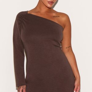 Plus Chocolate Modal One Shoulder Ruched Bodycon Mini Dress