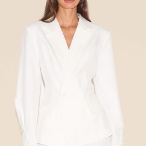 White Woven Cinched Waist Fitted Blazer