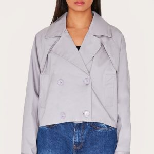 Grey Cropped Storm Flap Detail Trench Coat