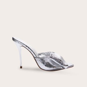 Silver PU Point Toe Half Bow Heeled Mules