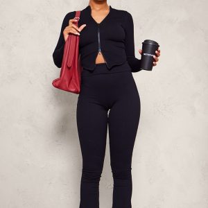 Black Contour Rib Double Zip Top