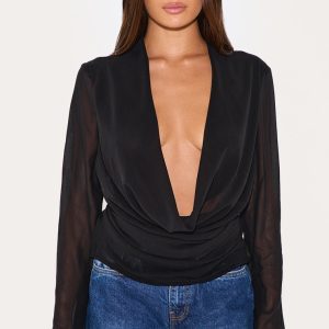 Black Chiffon Long Sleeve Sheer Cowl Blouse