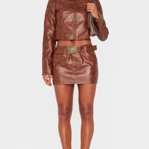 Brown Faux Leather Studded Belt Detail Mini Skirt