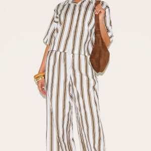 Petite Beige Linen Look Striped Wide Leg Trousers