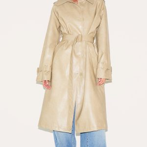Cream Mid Length Faux Leather Trench Coat