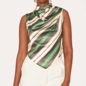 Green Satin Stripe High Neck Cowl Top