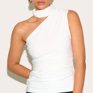 White Double Layer Neck Detail Ruched Detail Long Top