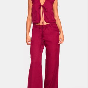 Cherry Red Woven Mid Rise Wide Leg Trousers