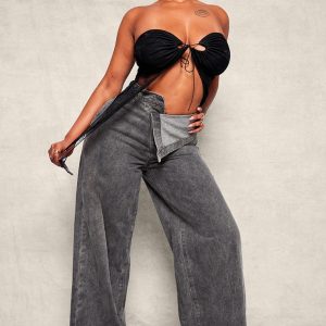 Shape Light Grey Foldover Waist Wide Leg Jeans