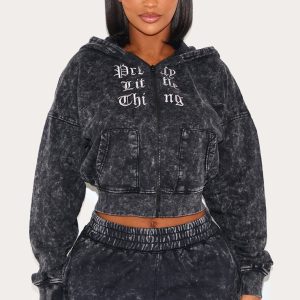 PRETTYLITTLETHING Shape Charcoal Grey Printed Zip Through Washed Hoodie