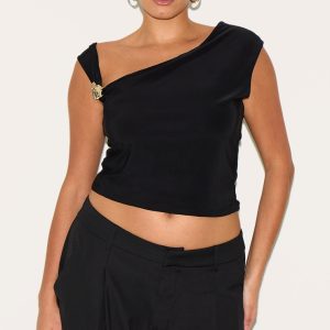 Plus Black Double Layer Slinky Trim Detail Asymmetric Top