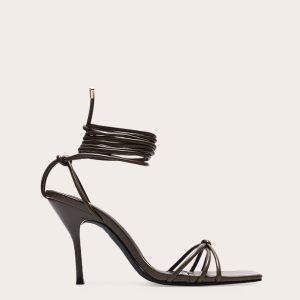 Wide Fit Olive PU Square Toe Lace Up High Stiletto Heeled Sandals