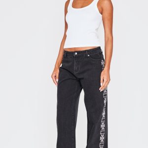Washed Black Diamante Cross Detail Jeans