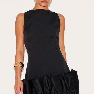 Petite Black Satin Puffball Mini Dress