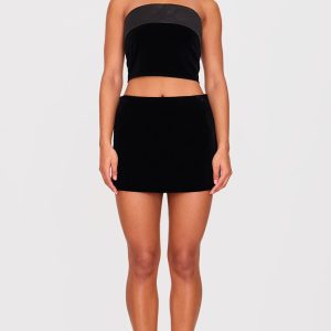 Black Velvet Satin Trim A Line Mini Skirt