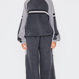 Washed Charcoal Striped Rib Panel Wide Leg Joggers