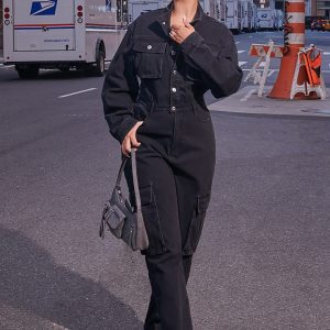 Washed Black Denim Cargo Wide Leg Jumpsuit