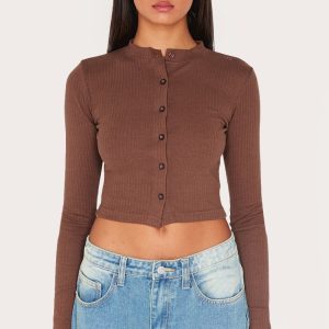 Chocolate Ribbed Button Down Detail Long Sleeve Top