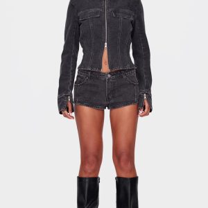 Washed Black Seam Detail Denim Hotpants