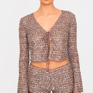 Taupe Textured Sequin Tie Top