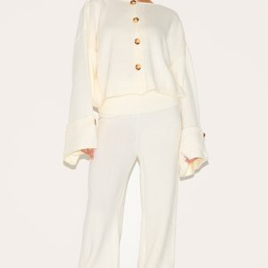 Petite Cream Knitted Fold Over Flare Trousers