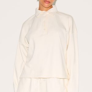 Petite Cream Loopback Oversized Polo Detail Sweatshirt
