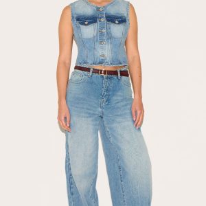 Mid Blue Wash Low Rise Wide Leg Jeans