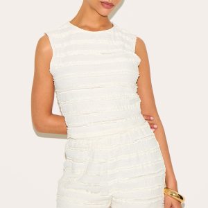 Petite Cream Textured Sleeveless Crop Top
